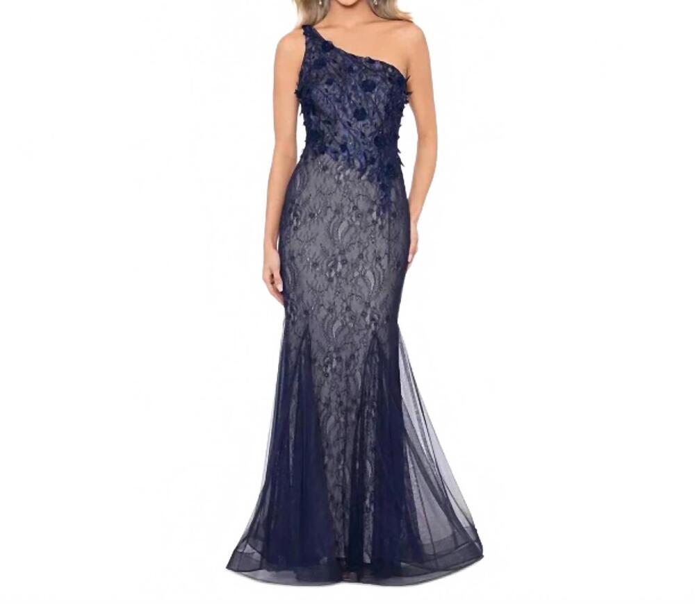 NEW XSCAPE lace mesh one-shoulder gown in navy